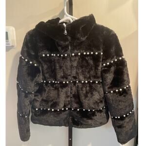 COALITION LA Faux Fur Pearl Embellished Hooded Jacket Medium Black NWT
